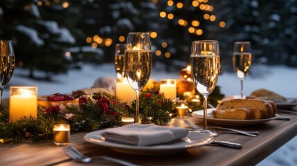 A Christmas table set for a festive feast, with candles, evergreen garlands, and sparkling wine glasses outdoor In the middle of the background snow scenery