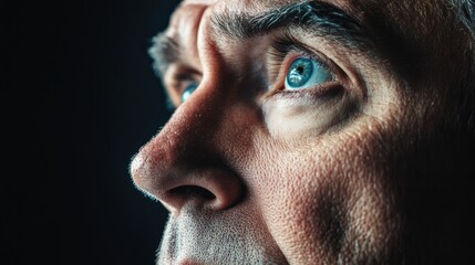 A close-up of a man face, deep in thought, his brow furrowed with concern, conveying worry and uncertainty.