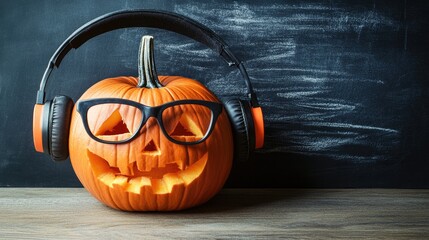 Wall Mural - Halloween pumpkin with glasses and headphones on a chalkboard background