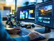 © TPS Studio - A person edits digital images on dual monitors, surrounded by equipment and focused on enhancing visual content in a creative workspace.