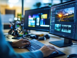 A person edits digital images on dual monitors, surrounded by equipment and focused on enhancing visual content in a creative workspace.