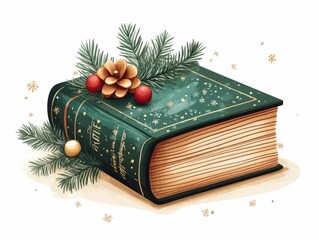 Beautifully illustrated Christmas Eve storybook with a festive book cover design featuring pine branches  holiday ribbons  candles  and golden stars on an isolated white background