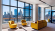 © Graphic Fizz - Modern Interior with Floor-to-Ceiling Windows, City Skyline View, and Cozy Seating with Yellow Chairs