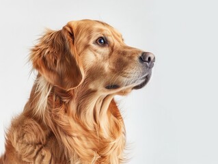 Wall Mural - regal canine portrait on pristine white backdrop, majestic fur catching soft light, alert eyes gleaming with intelligence, proud posture exuding confidence and grace