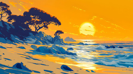 Golden Sunset Over the Ocean with Trees on a Rocky Shore - Beautiful Landscape Video with Calming Waves and Vibrant Colors