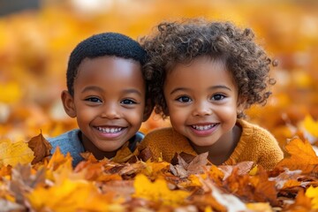 joyful african american children playing in pile of autumn leaves sunlit park setting vibrant fall colors authentic expressions of happiness sense of carefree childhood