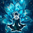© martesign - Throat chakra meditation in yoga lotus pose, in front of Vishuddha chakra symbol. Peaceful decor for kinesiology practitioners, massage therapists, reiki and chakra energy healers, yoga studios etc.