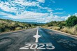 © Maryam - Road to 2025 with an empty road with written 2025 and an arrow pointing towards the horizon to represent the future and positivity and success of the new year 2025. MZ