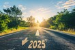 © Maryam - Road to 2025 with an empty road with written 2025 and an arrow pointing towards the horizon to represent the future and positivity and success of the new year 2025. MZ