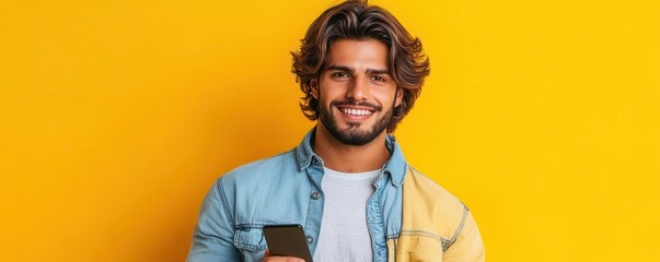 A cheerful young man smiles while holding a smartphone against a vibrant yellow background, showcasing modern lifestyle and technology.