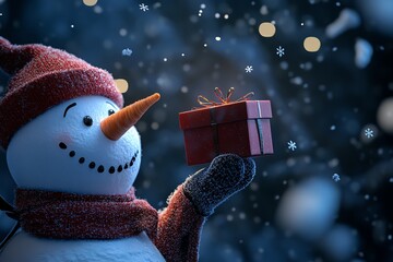 snowman holding a present, festive atmosphere with falling snow, holiday spirit in winter wonderland