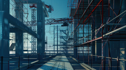 modern construction site showcasing scaffolding, cranes, and steel structures under clear blue sky. intricate details of framework highlight complexity of urban development