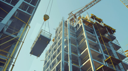 Construction site building crane scaffolding urban architecture industry machinery concrete structure development workers safety equipment modern high rise blue sky steel framework labor progress