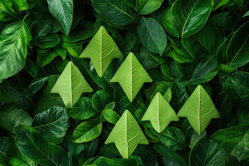 Poster - Green arrows on lush tropical leaves background illustrating nature growth concept