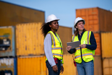 Engineer or dockworker working in the construction container dock yard checking and inspection containers data on computer program environment is container shipping Logistics business concept.