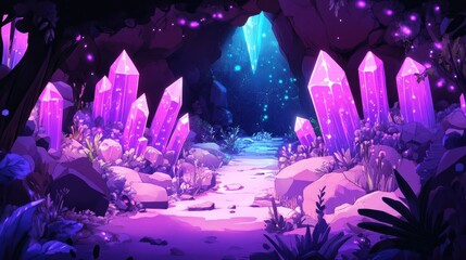 Canvas Print - A mysterious anime-inspired cave with glowing crystals and a hidden pathway leading deeper into the unknown.