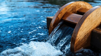 A closeup of a water wheel turning in a fastflowing river, generating energy from the water s power, water wheel energy, renewable power