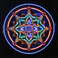 Wall Mural - Vibrant neon mandala design showcasing intricate patterns and colors, perfect for artistic and modern decor.