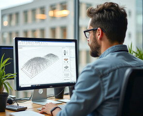 a professional architect engineer works on a computer creating a new model