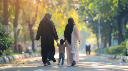 Muslim family in traditional clothing walking in park at sunset