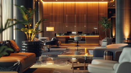 Luxurious hotel lobby with modern furniture and ambient lighting