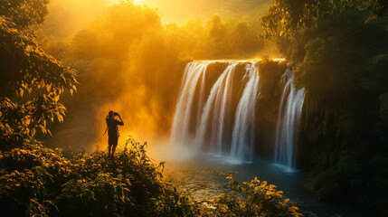 A travel photographer capturing the golden light of sunset as it reflects off a stunning waterfall, framed by vibrant green foliage, with the sound of rushing water adding to the atmosphere