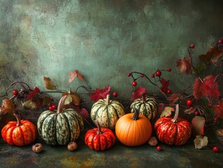 Wall Mural - Autumn harvest with decorative pumpkins on a green backdrop