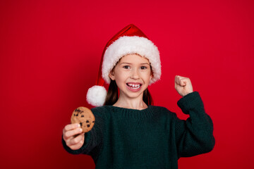 Poster - Photo portrait of pretty small girl hold cookie winning wear green christmas outfit theme party on red color background