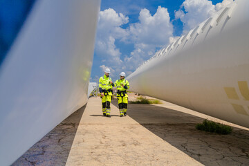 engineers in high visibility safety gear conduct a detailed inspection of a wind turbine blade at a construction site. The massive blade lays on the ground, highlighting renewable energy technology.