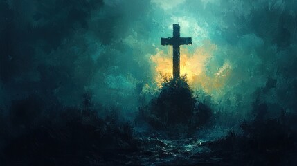Wall Mural - Cross on a hill glowing against dark stormy skies with dramatic lighting and a serene atmosphere Generative AI