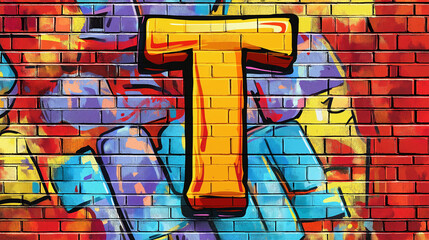 Pop art comic street graffiti with alphabet letter T on colorful brick wall.