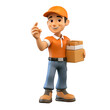 © Ronnachai - The delivery man character is standing smiling while holding a parcel in one hand, 3D rendering illustration cartoon style transparent background.