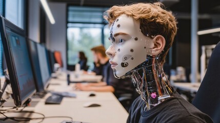 A modern cyborg sitting at a computer working