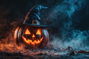 Poster - A Jack-O-Lantern Wearing a Witch's Hat in a Smoky Halloween Scene