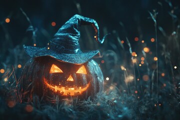 Poster - A Glittering Jack-o'-Lantern with a Witch's Hat in a Mystical Forest