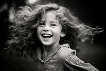 Portrait of a happy little girl with curly hair. Black and white.