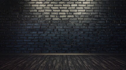 Dark brick wall interior with wooden floor and subtle lighting.