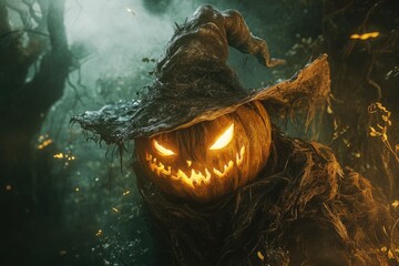 Poster - A Glowing Jack-o'-Lantern With a Witch's Hat in a Dark Forest