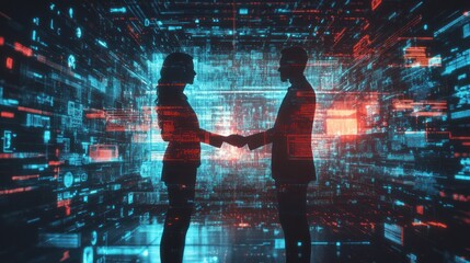 Digital convergence: two silhouettes' handshake glow