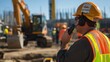 © EddieSnapix - A construction worker communicates through a radio while overseeing activities on site. Various workers from different backgrounds engage in construction tasks, showcasing diversity