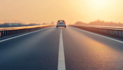 Car driving on highway at sunset, scenic landscape