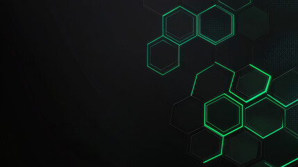 Wall Mural - A black background with glowing green hexagonal shapes, creating an abstract technological design.