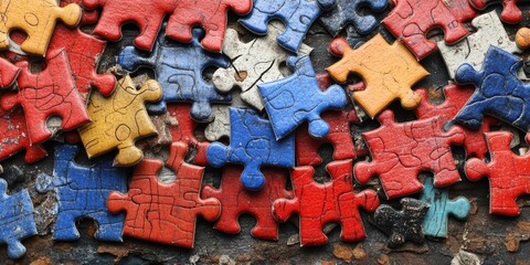 Colorful Puzzle Pieces Interlocking on a Weathered Surface