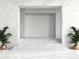 Corporate bank entrance with wide marble steps and sleek, symmetrical architecture, symbolizing financial strength