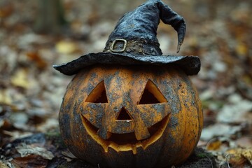 Wall Mural - Carved Pumpkin with Witch's Hat in Autumn Leaves