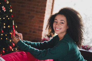 Canvas Print - Profile photo of pretty young woman sit couch hold phone wear sweater christmas festive time apartment indoors