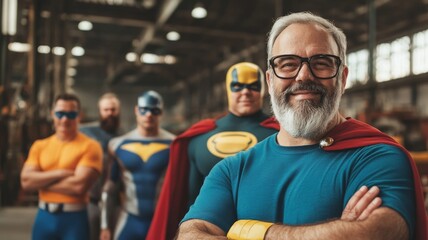 Happy business owner in his late 50s and his large diverse team dressed as famous superheroes, Fantastic workforce. Best candidate super human efforts