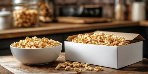 Crispy Cereal Snack in White Bowl and Box on Wooden Table