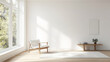 © VERTEX SPACE - A bright and airy interior featuring minimalist design with wooden chair, simple table, and potted plant. large windows allow natural light to fill space, creating serene atmosphere