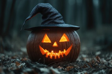 Sticker - Glowing Jack-o'-lantern with a Witch Hat in a Dark Forest